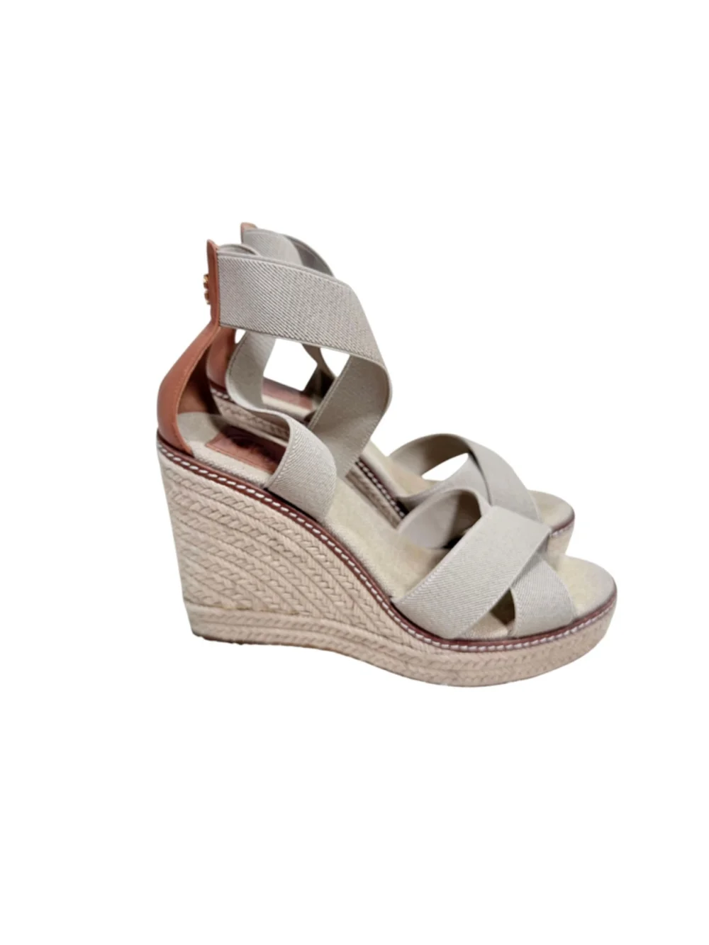 Tory Burch Frieda Espadrille Wedge Sandal Beige Strappy Heels Beachy Boho Sz 8.5